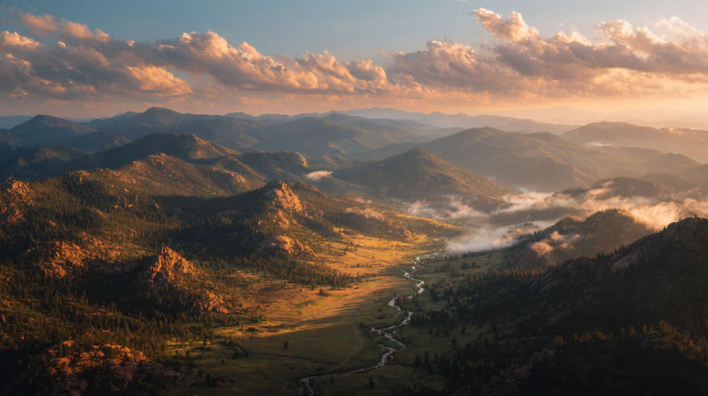 a valley with a river and mountains