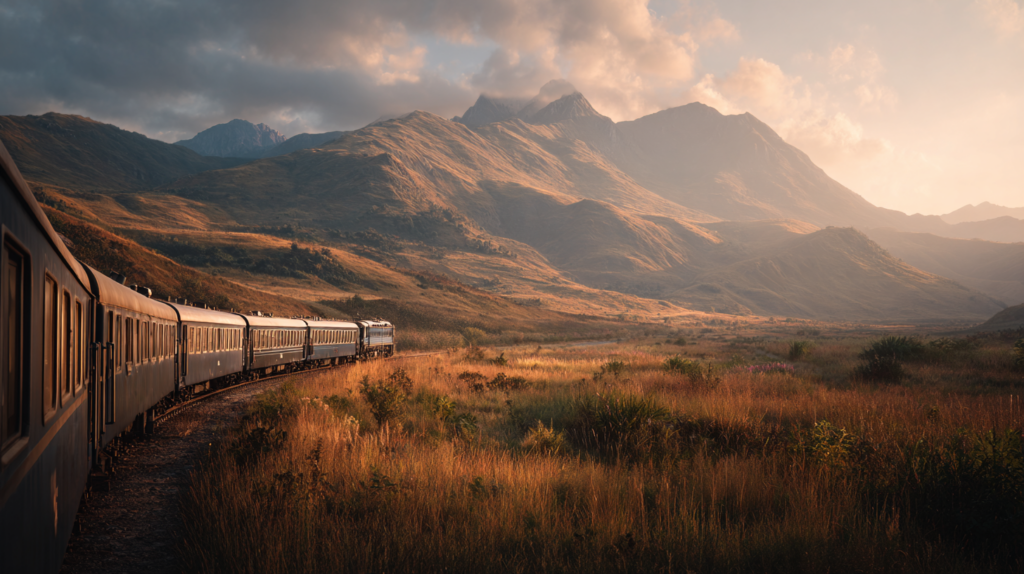 a train on the tracks in a field with mountains in the background