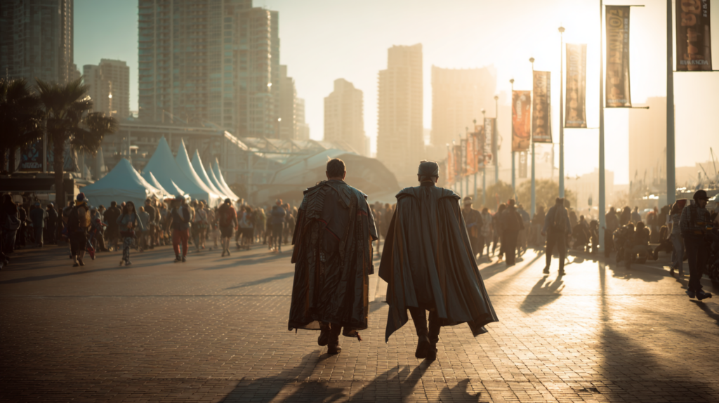 a group of people walking on a street