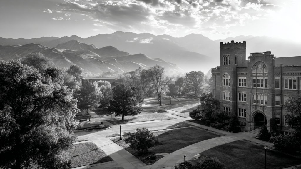 a building with trees and mountains in the background