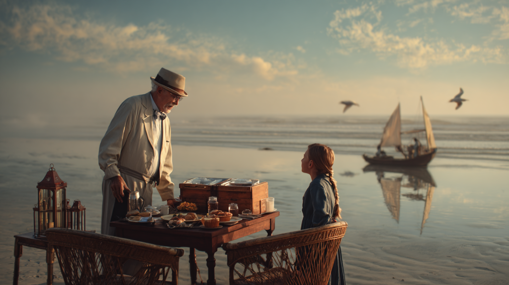 a man and girl at a table on a beach