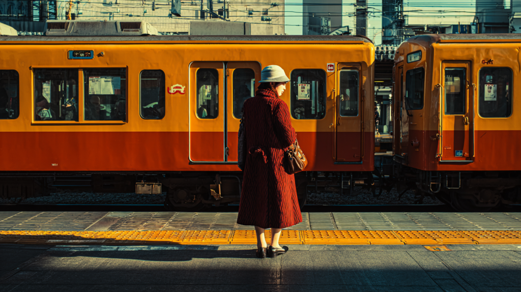 a woman standing in front of a train