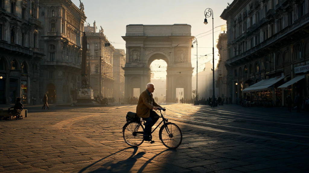 a man riding a bicycle in a city
