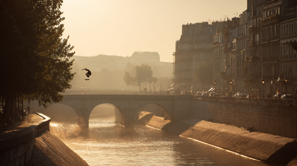 a person jumping over a bridge