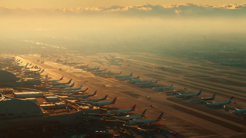 an airport with airplanes parked on the runway