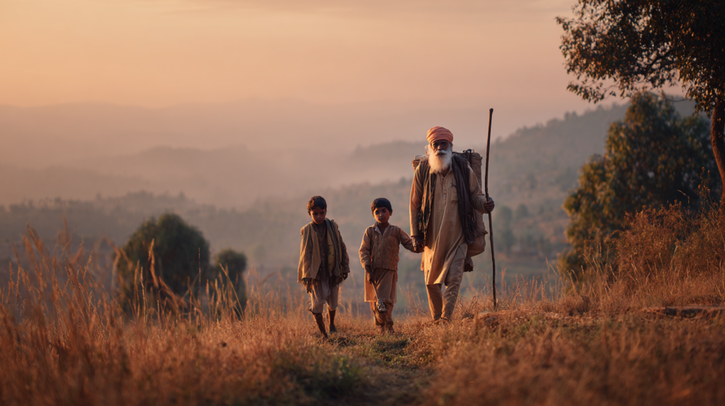 a man and two boys walking on a field