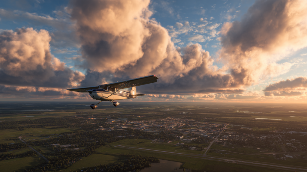 a plane flying over a city