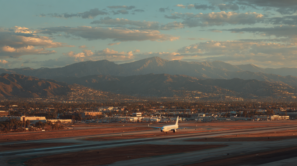 an airplane on a runway with mountains in the background