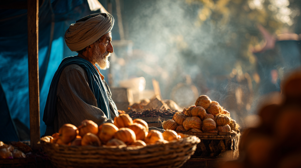 a man in turban sitting in front of baskets of oranges
