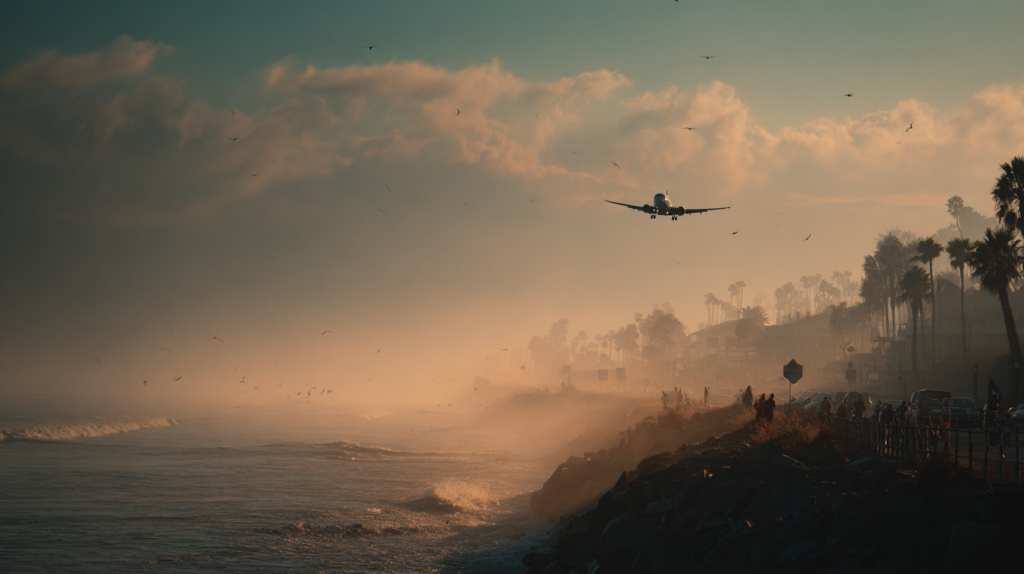 an airplane flying over a beach