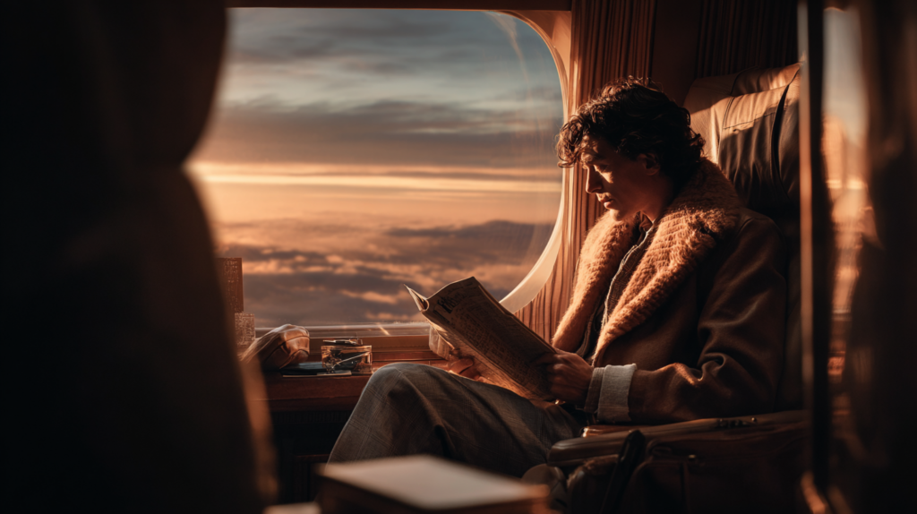 a man reading a newspaper in an airplane