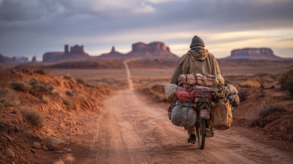 a man riding a bicycle with bags on it