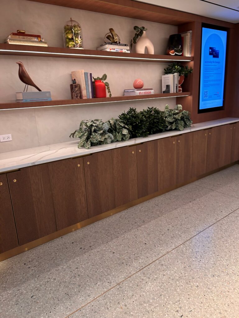 a shelf with plants and a screen on it