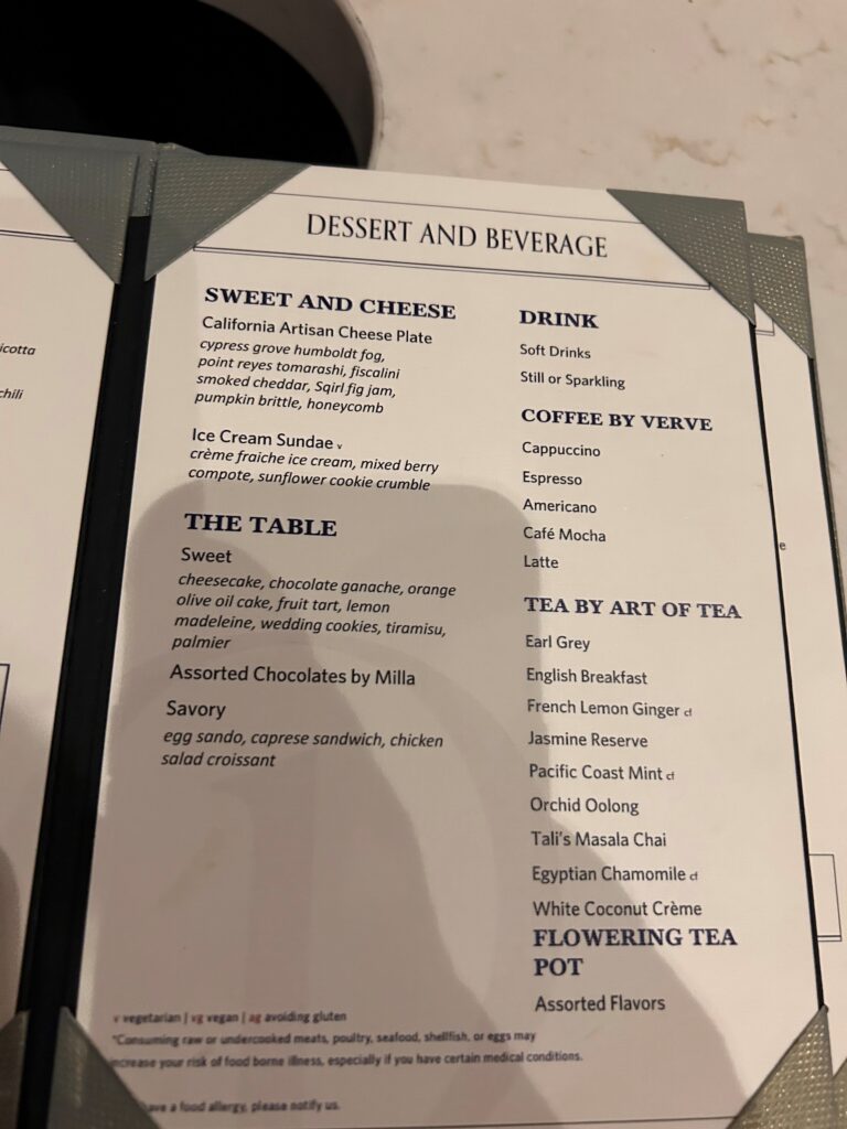 a menu with black text