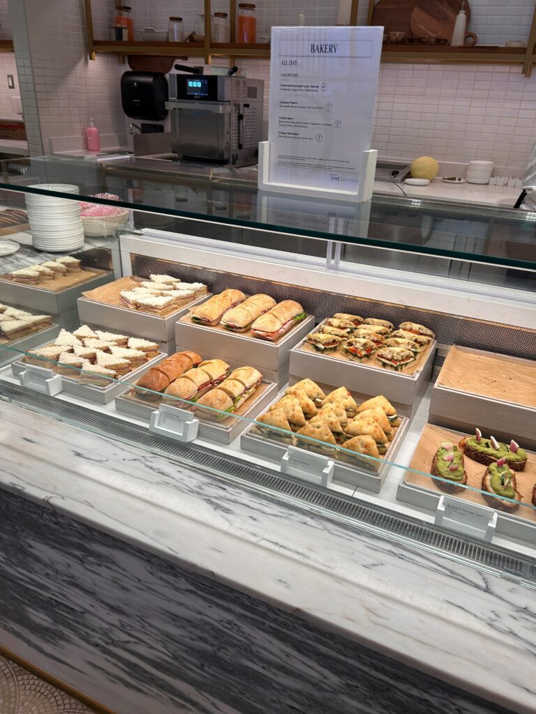 a display case with different types of food on it