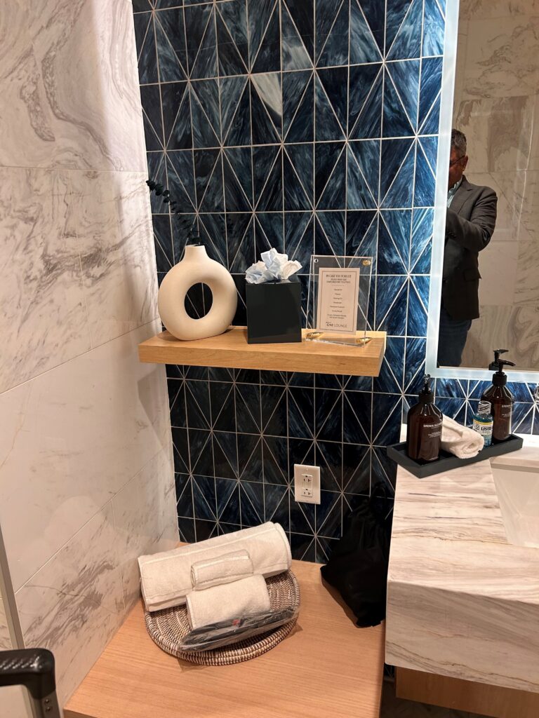 a bathroom with a blue and white tile wall