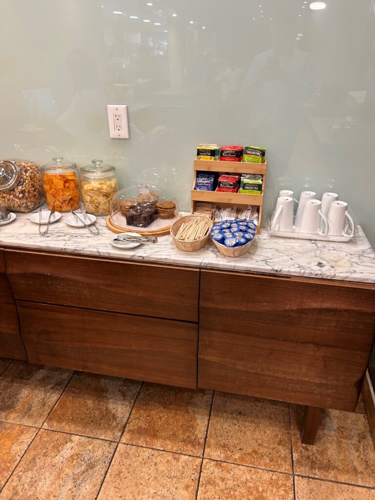 a buffet with food on it