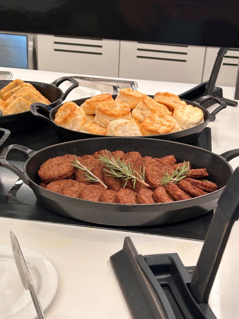 a group of pans of food