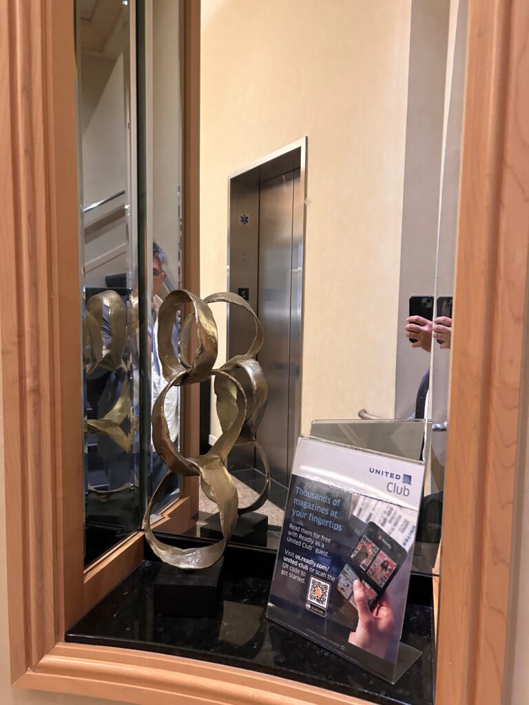 a mirror of an elevator with a sculpture