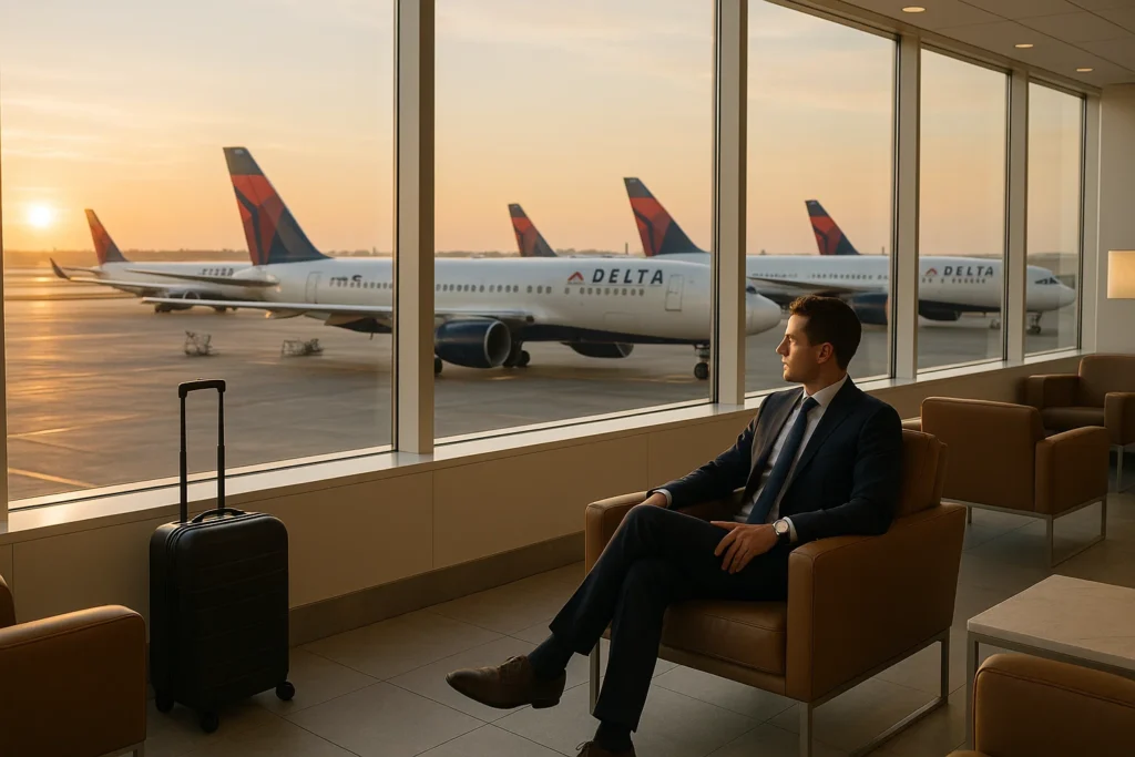 a man sitting in a chair looking out a window at airplanes