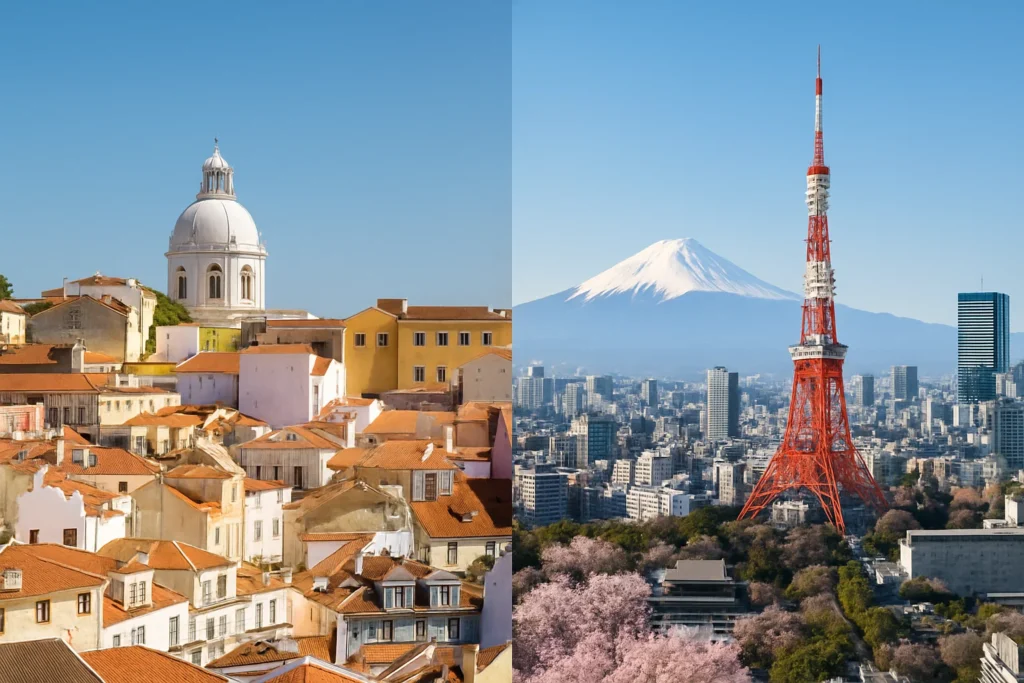a collage of buildings and a tower