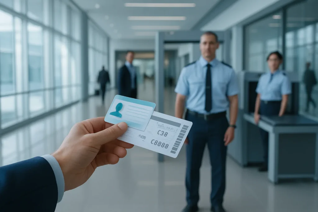 a hand holding a card in front of a group of men