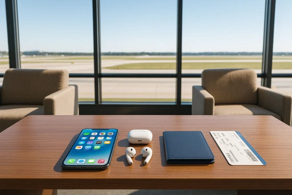 a table with a phone and earphones on it