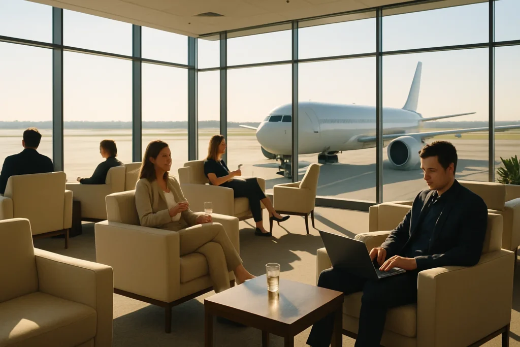 people sitting in chairs in a lounge with a laptop and people in the background