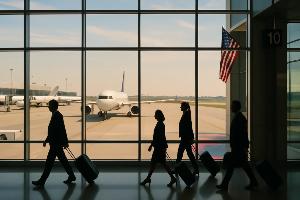 people walking in front of a window with a flag and airplanes