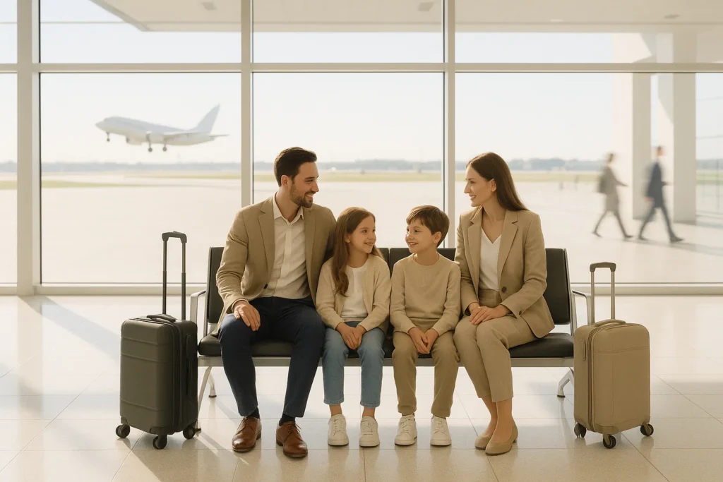 a family sitting on a bench in an airport