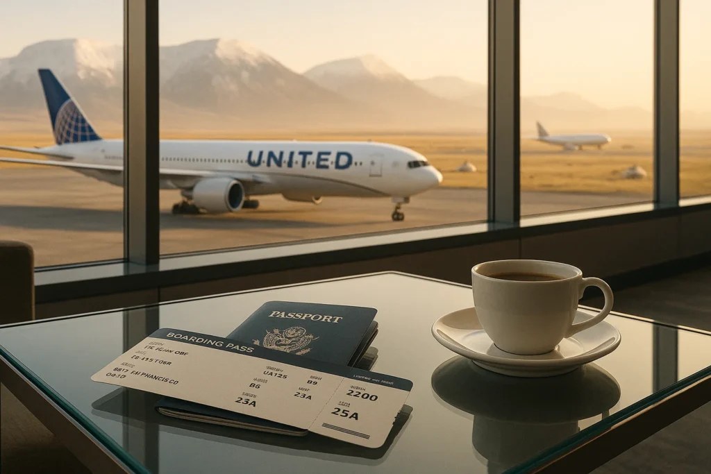 a coffee cup and passport on a table with a plane in the background