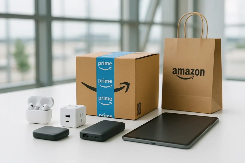 a box and a bag next to a tablet and cell phone