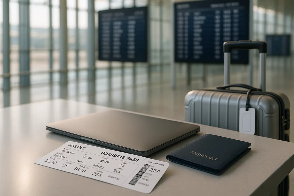 a laptop and boarding pass on a table