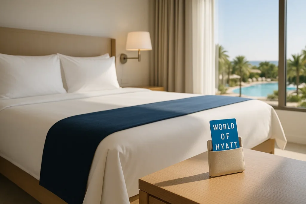a hotel room with a bed and a pool in the background