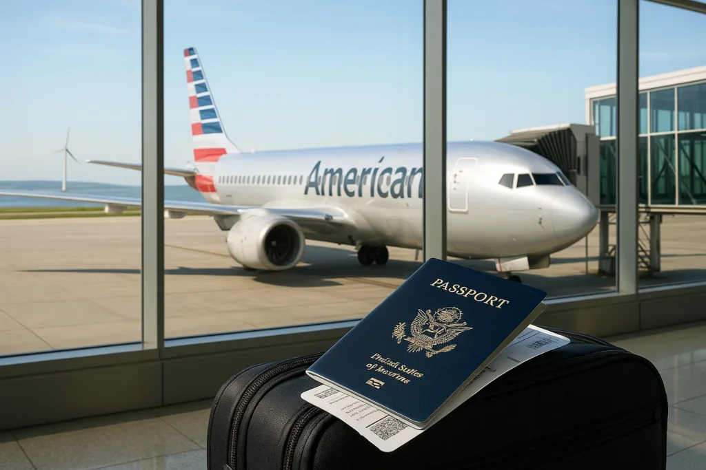 a passport and a suitcase in front of an airplane