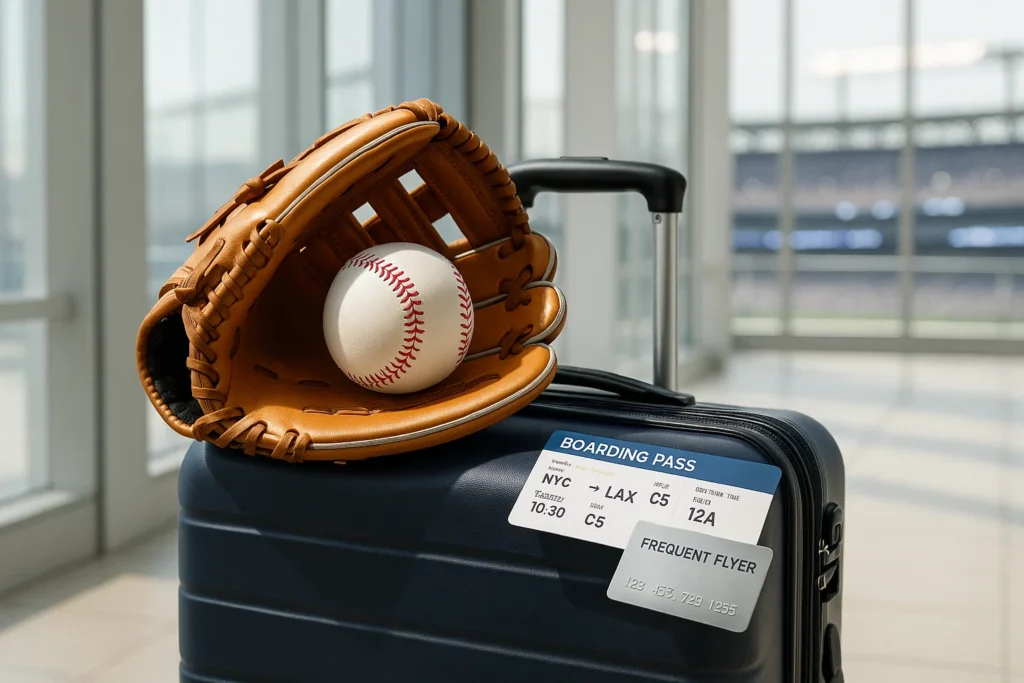 a baseball glove and a luggage