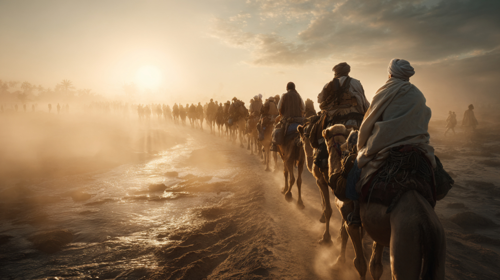 a group of people riding camels