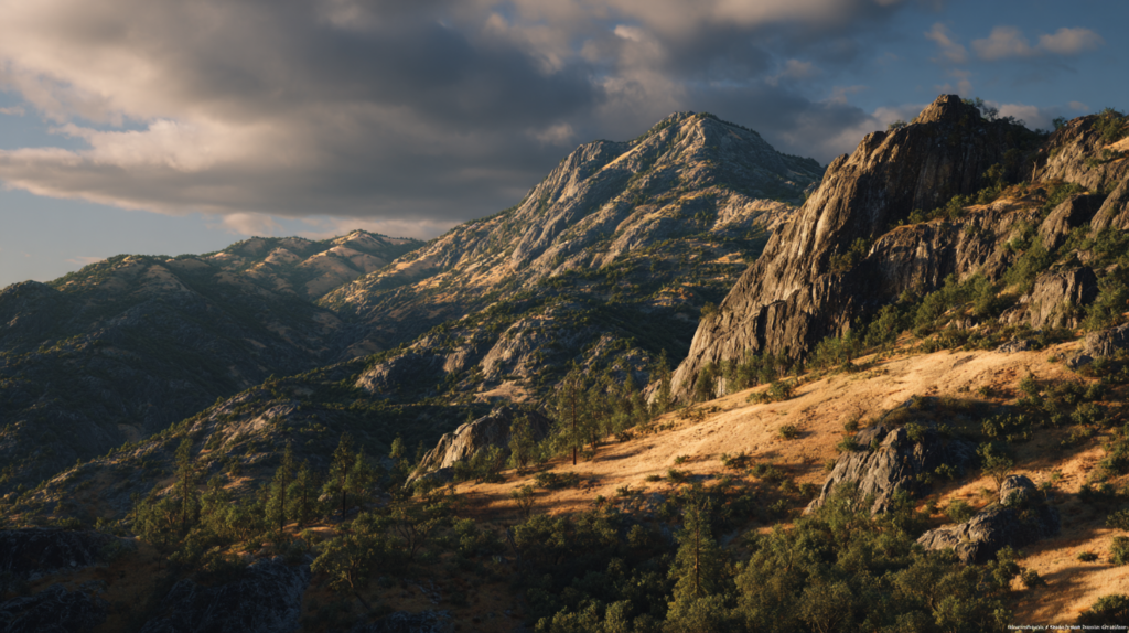 a mountain range with trees and rocks