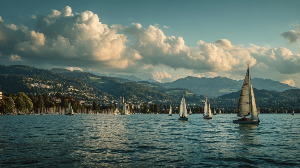 a group of sailboats on a lake