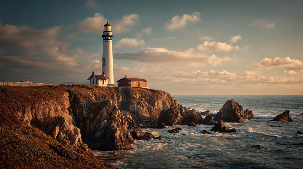 a lighthouse on a rocky cliff by the ocean
