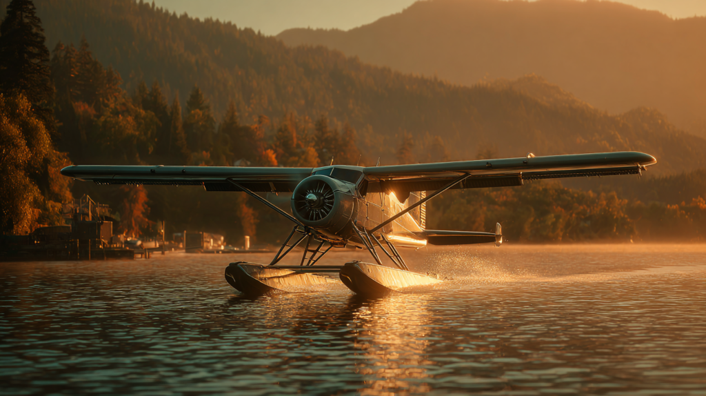 a seaplane on water with mountains in the background