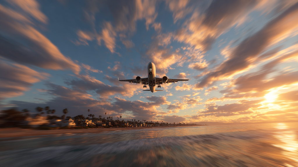an airplane flying over a beach