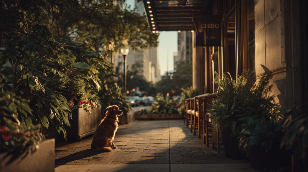 a dog sitting on a sidewalk