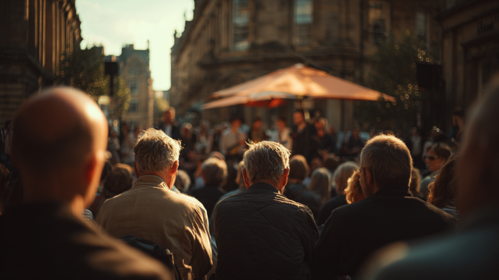 a group of people sitting in a crowd