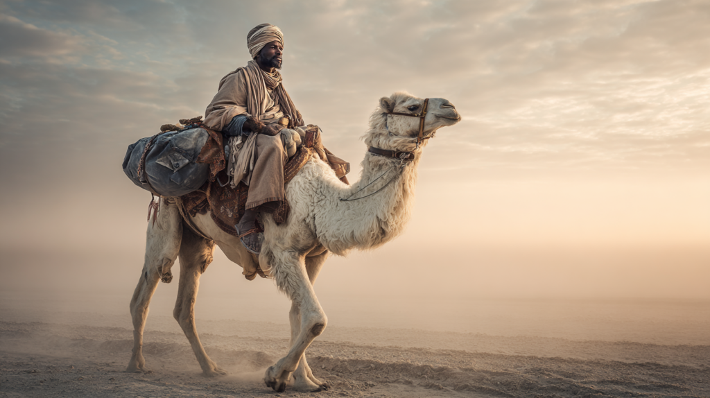 a man riding a camel