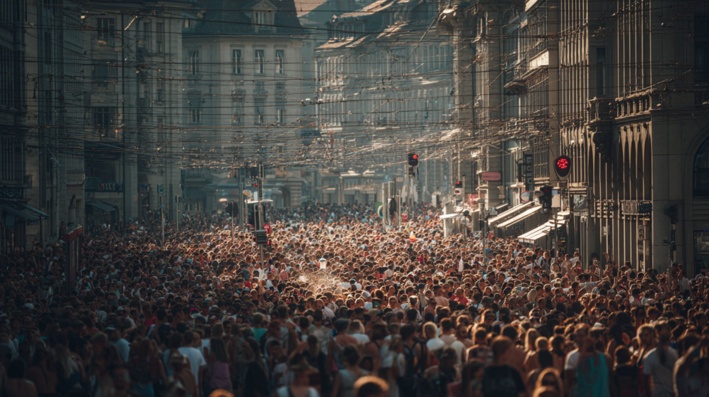 a large crowd of people in a city