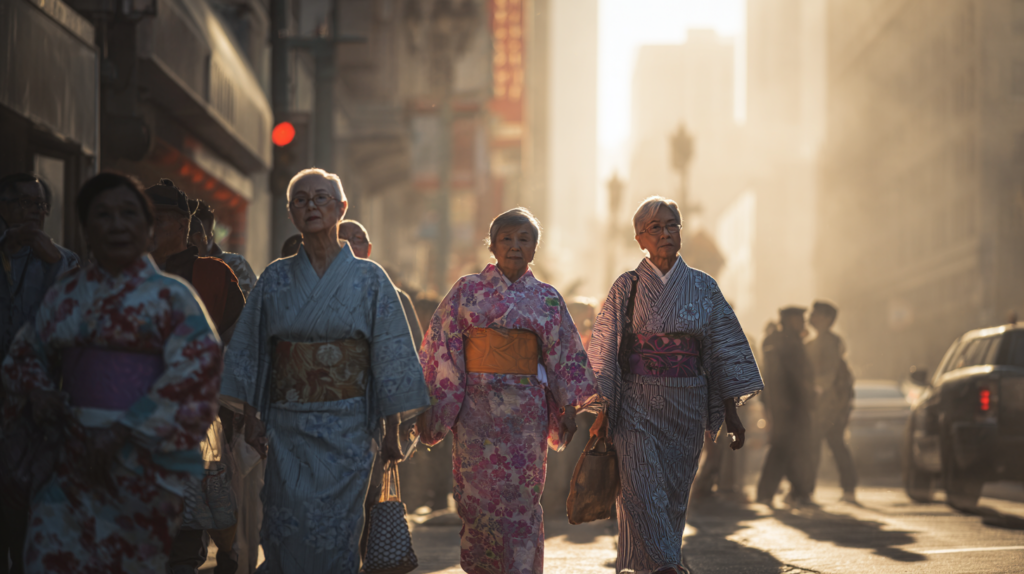 a group of women wearing traditional japanese clothing walking down a street