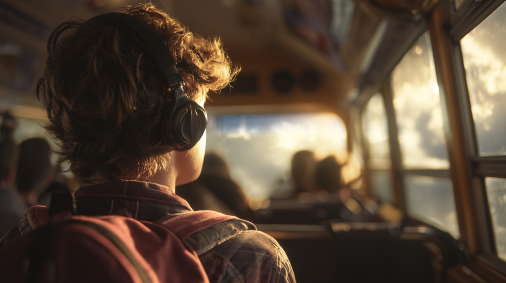 a person wearing headphones looking out of a window