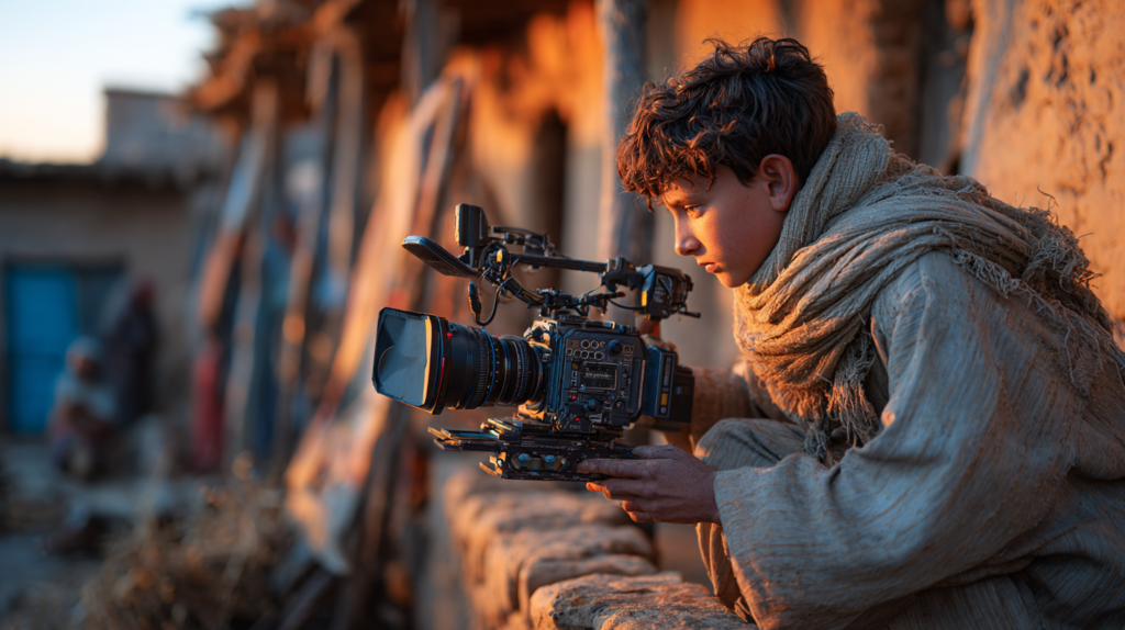 a boy holding a camera