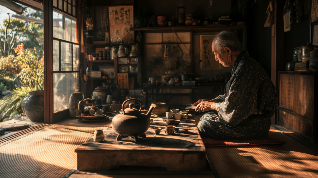 a man sitting on a table with teapots and cups